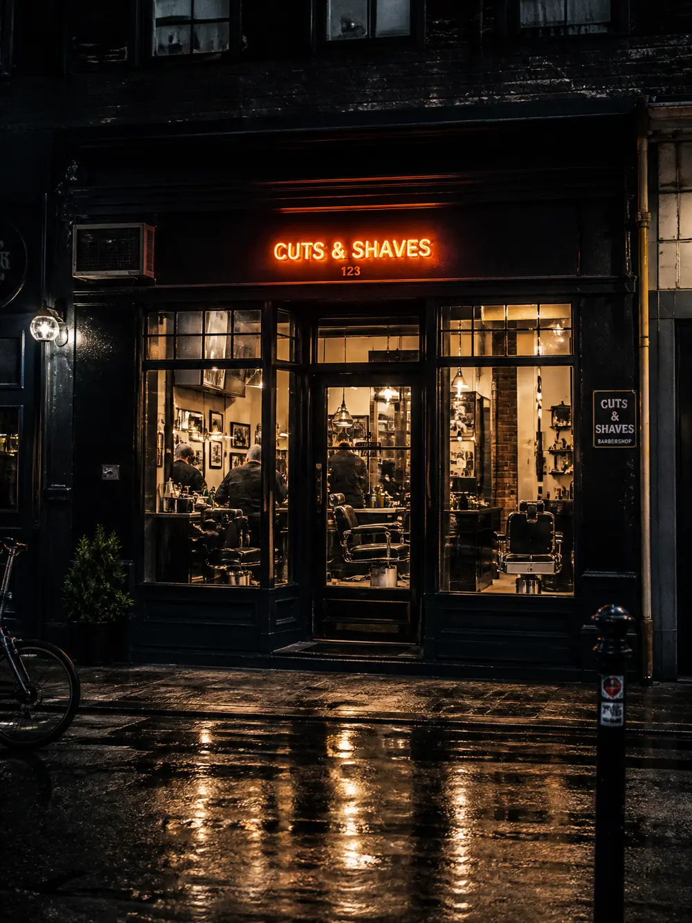 Das Schaufenster von KANTE bei Nacht mit Neonzeichen